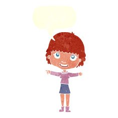 cartoon happy woman pointing with speech bubble N70