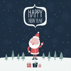 Holiday card with cartoon Santa snowflakes and decorations Hap
