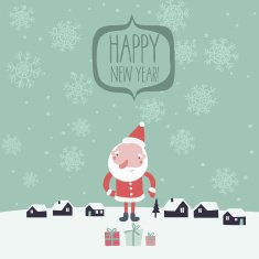 Holiday card with cartoon Santa snowflakes and decorations Hap N2
