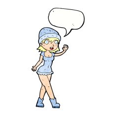 cartoon pretty girl in hat waving with speech bubble N11