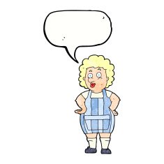 cartoon woman in kitchen apron with speech bubble N9