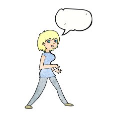 cartoon woman walking with speech bubble N10