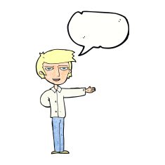 cartoon man gesturing welcome with speech bubble N11