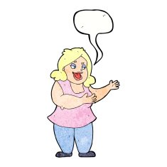 cartoon happy fat woman with speech bubble N6