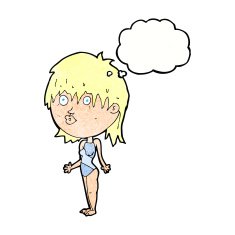 cartoon woman in swimsuit shrugging shoulders with speech bubble N7