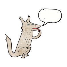 cartoon wolf licking paw with speech bubble N7