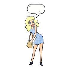 cartoon woman looking in handbag with speech bubble N9