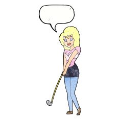 cartoon woman playing golf with speech bubble N21