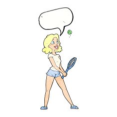 cartoon woman playing tennis with speech bubble N10