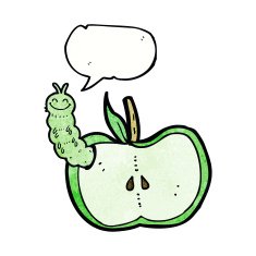 cartoon apple with bug speech bubble N32