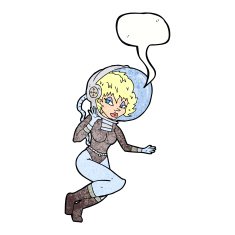 cartoon space woman with speech bubble N31
