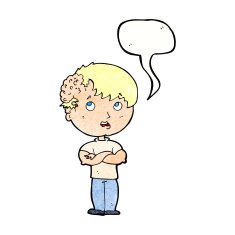 cartoon boy with growth on head speech bubble N40