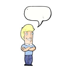 cartoon man with folded arms grinning speech bubble N11