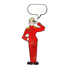cartoon military man in dress uniform with speech bubble N11
