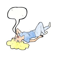 cartoon woman lying on floor with speech bubble N21