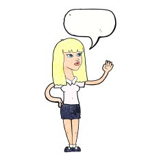 cartoon pretty woman waving with speech bubble N91