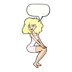 cartoon sitting woman in dress with speech bubble N11