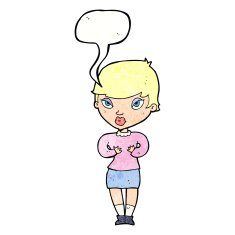 cartoon woman gesturing at self with speech bubble N31