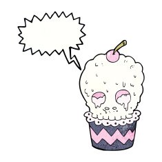 spooky skull cupcake cartoon with speech bubble N11