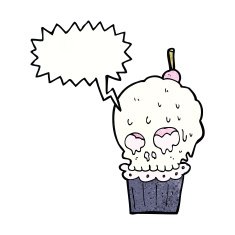 cartoon spooky skull cupcake with speech bubble N11