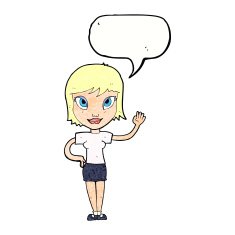 cartoon woman waving with speech bubble N340
