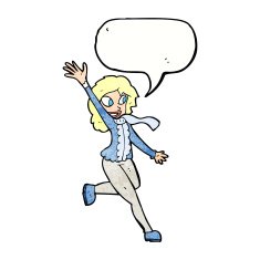 cartoon woman waving dressed for winter with speech bubble N10