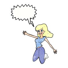 cartoon jumping woman with speech bubble N11