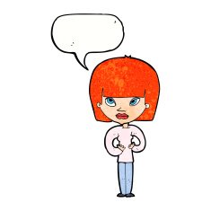 cartoon woman gesturing at herself with speech bubble N11