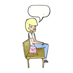 cartoon woman sitting on bench with speech bubble N11