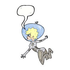 cartoon space woman with speech bubble N32