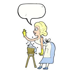 cartoon housewife washing up with speech bubble N10