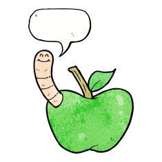 cartoon apple with worm speech bubble N55