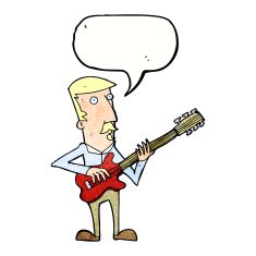 cartoon man playing electric guitar with speech bubble N18