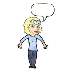 cartoon woman wearing goggles with speech bubble N11