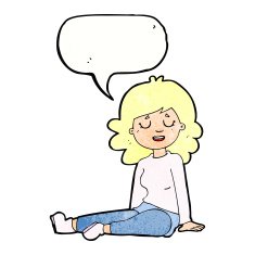 cartoon happy woman sitting on floor with speech bubble N21