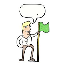 cartoon man planting flag with speech bubble N11