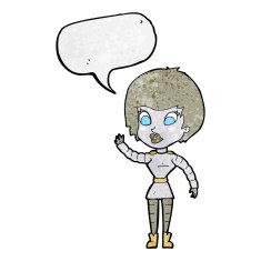 cartoon robot woman waving with speech bubble N21
