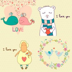 Set of concept romantic cards with cute funny characters N2