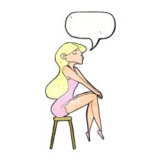 cartoon woman sitting on stool with speech bubble N22