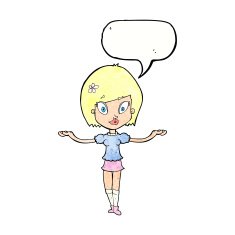 cartoon woman making balancing gesture with speech bubble N11