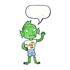 cartoon waving fish boy with speech bubble N11