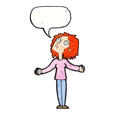 cartoon curious woman looking upwards with speech bubble N11
