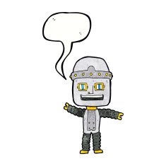 cartoon waving robot with speech bubble N24