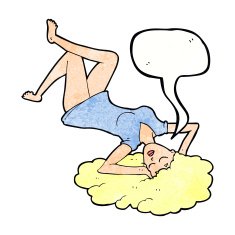 cartoon woman lying on floor with speech bubble N22