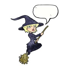 cartoon witch riding broomstick with speech bubble N22