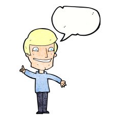 cartoon grinning man with idea speech bubble N11