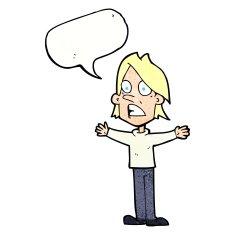 cartoon frightened man with speech bubble N86