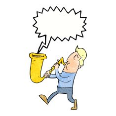 cartoon man blowing saxophone with speech bubble N6