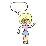 cartoon waving woman wearing spectacles with speech bubble N11