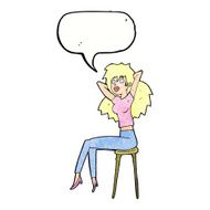 cartoon woman posing on stool with speech bubble N11